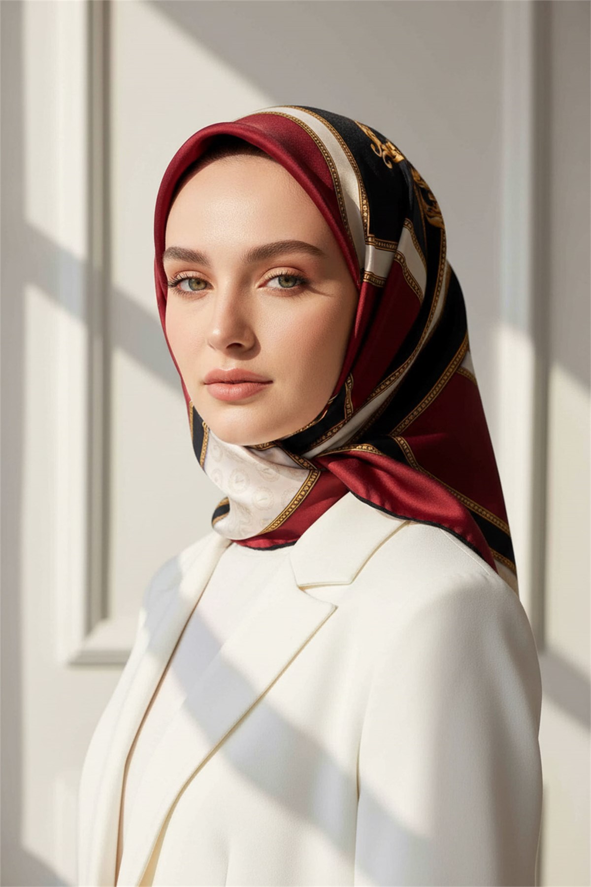 %100 Twill İpek Monogram ve Barok Desenli Bordo - Krem Renkli 90x90 Eşarp Dikim Şekli : El Dikişi