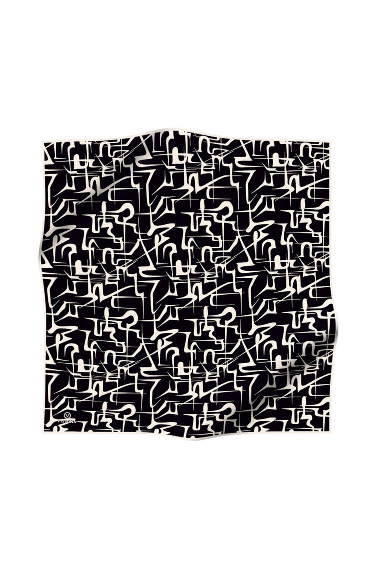 % 57 İPEK % 43 VİSKON Twill İpek Soyut Geometrik Desenli Siyah - Krem Renkli 90x90 Eşarp Dikim Şekli : El Dikişi