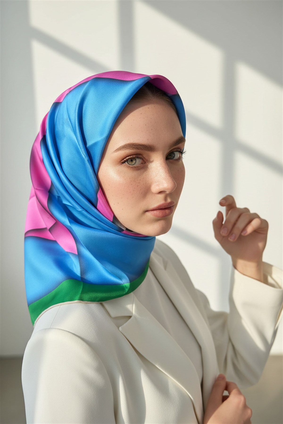 %100 Twill Renk Bloklu Çizgili Desenli Bebe Mavisi - Pembe Renkli 90x90 Eşarp Dikim Şekli: El Dikişii