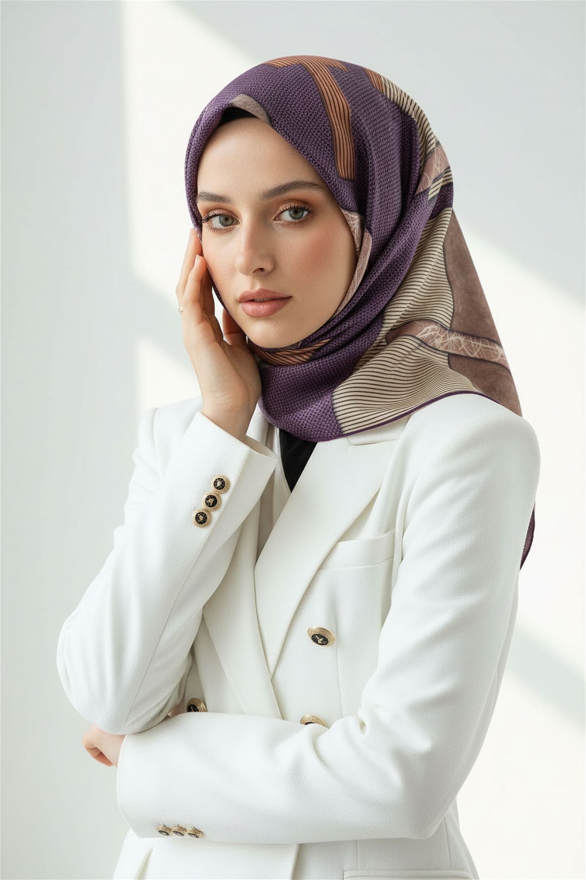 %100 Twill İpek Geometrik Desenli Mürdüm Renkli 90x90 Eşarp Dikim Şekli : El Dikişi