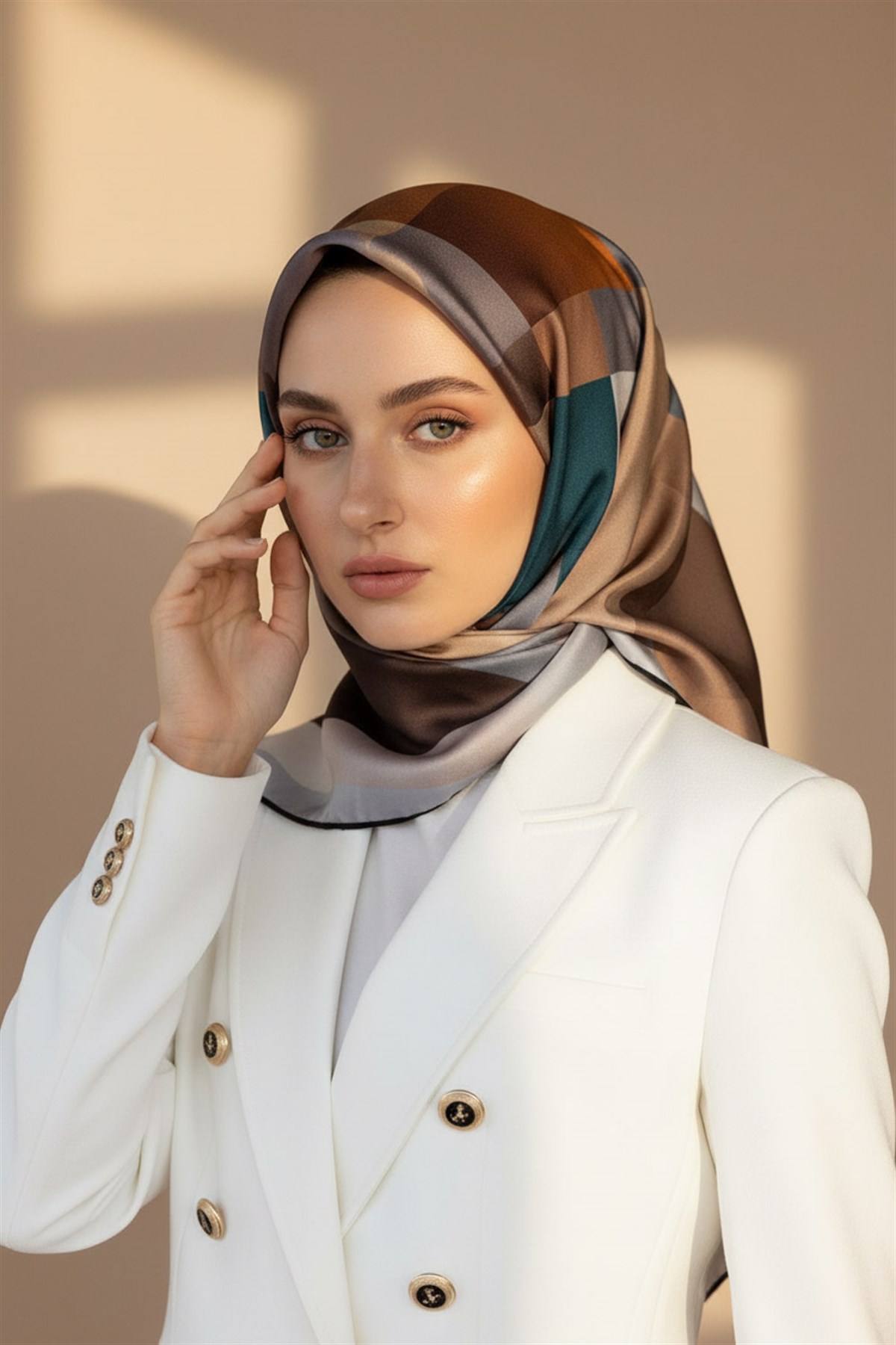 %100 Twill İpek Geometrik Desenli Petrol Mavisi - Gri Renkli 90x90 Eşarp Dikim Şekli : El Dikişi