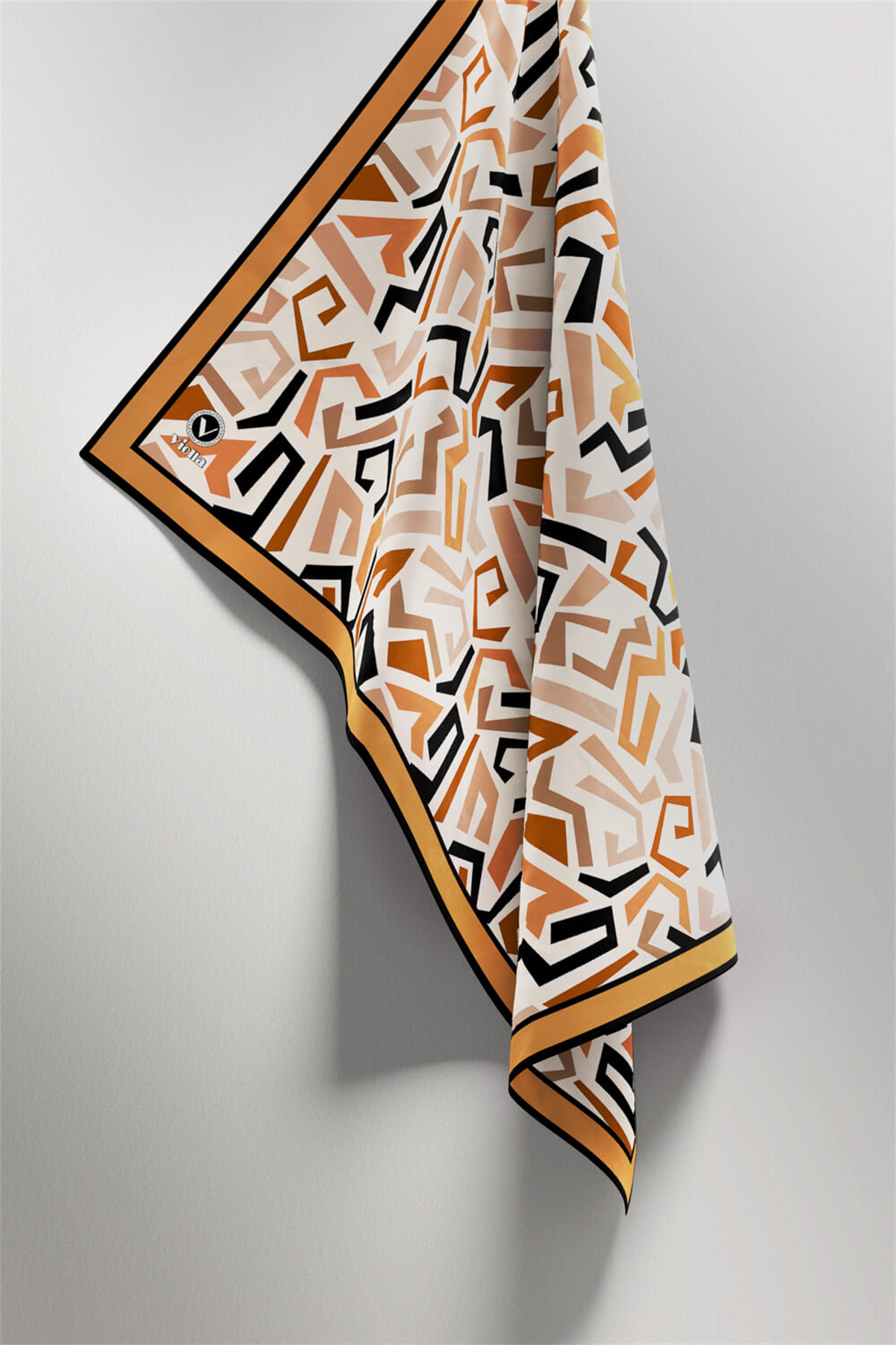 Twill Geometrik Desenli Hardal Renkli 90x90 Eşarp (İpek İçermez) Kenar Dikiş Şekli El Dikişli