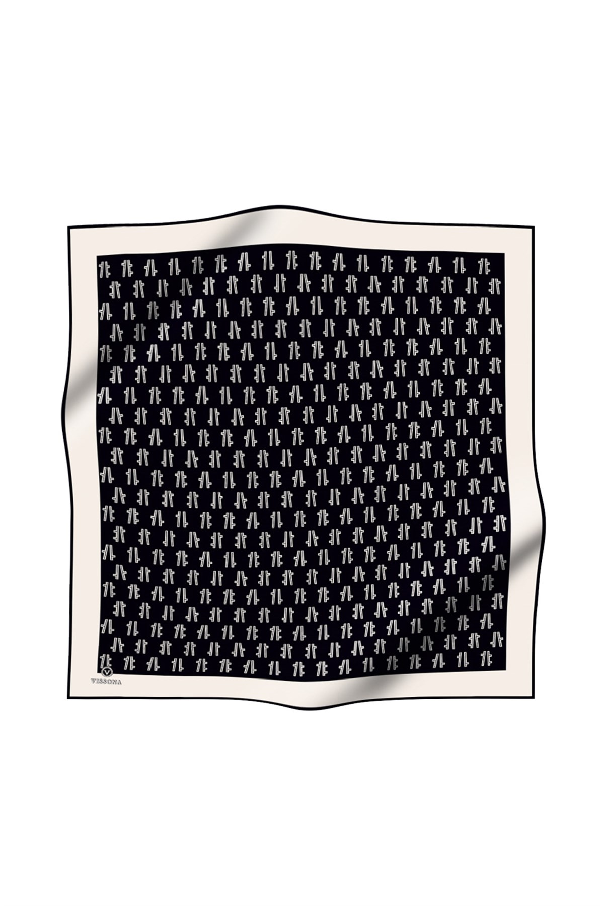 %100 Twill İpek Geometrik Desenli Siyah - Krem Renkli 90x90 Eşarp Dikim Şekli : El Dikişi