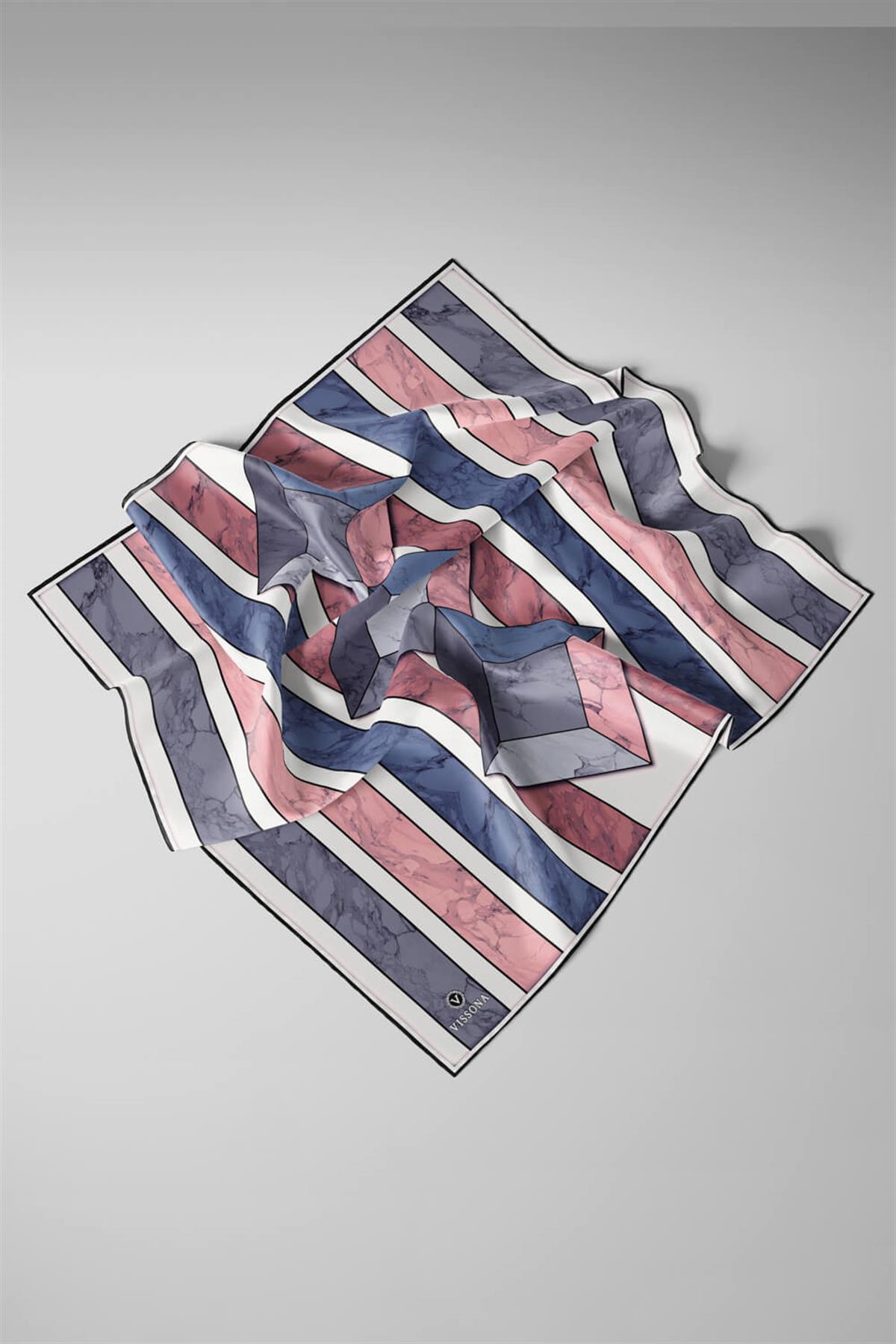 %100 Twill İpek Geometrik Mermer Desenli Pudra - Bebe Mavisi Renkli 90x90 Eşarp Dikim Şekli : El Dikişi
