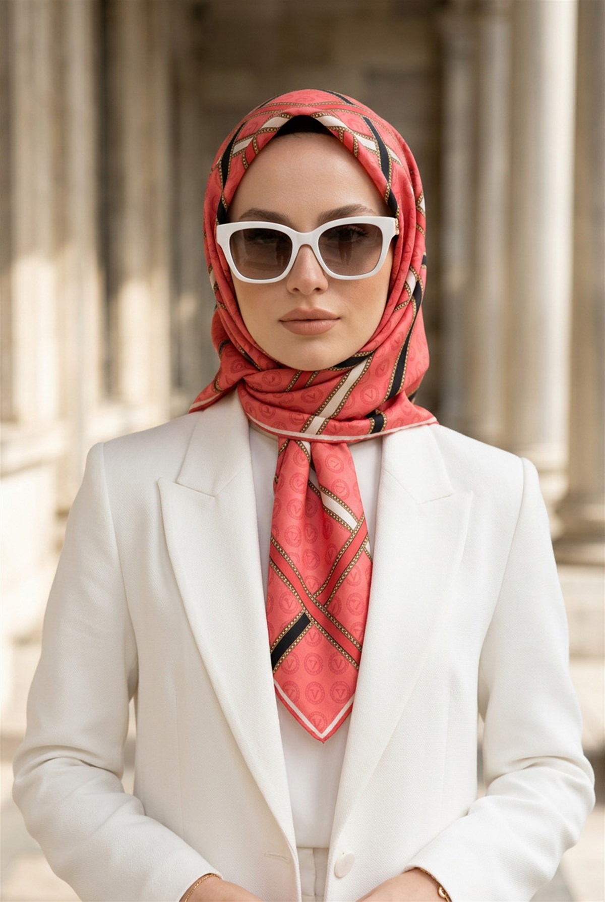 %100 Twill İpek Gold Şeritli Monogram Desenli Nar Çiçeği - Siyah Renkli 90x90 Eşarp Dikim Şekli : El Dikişi