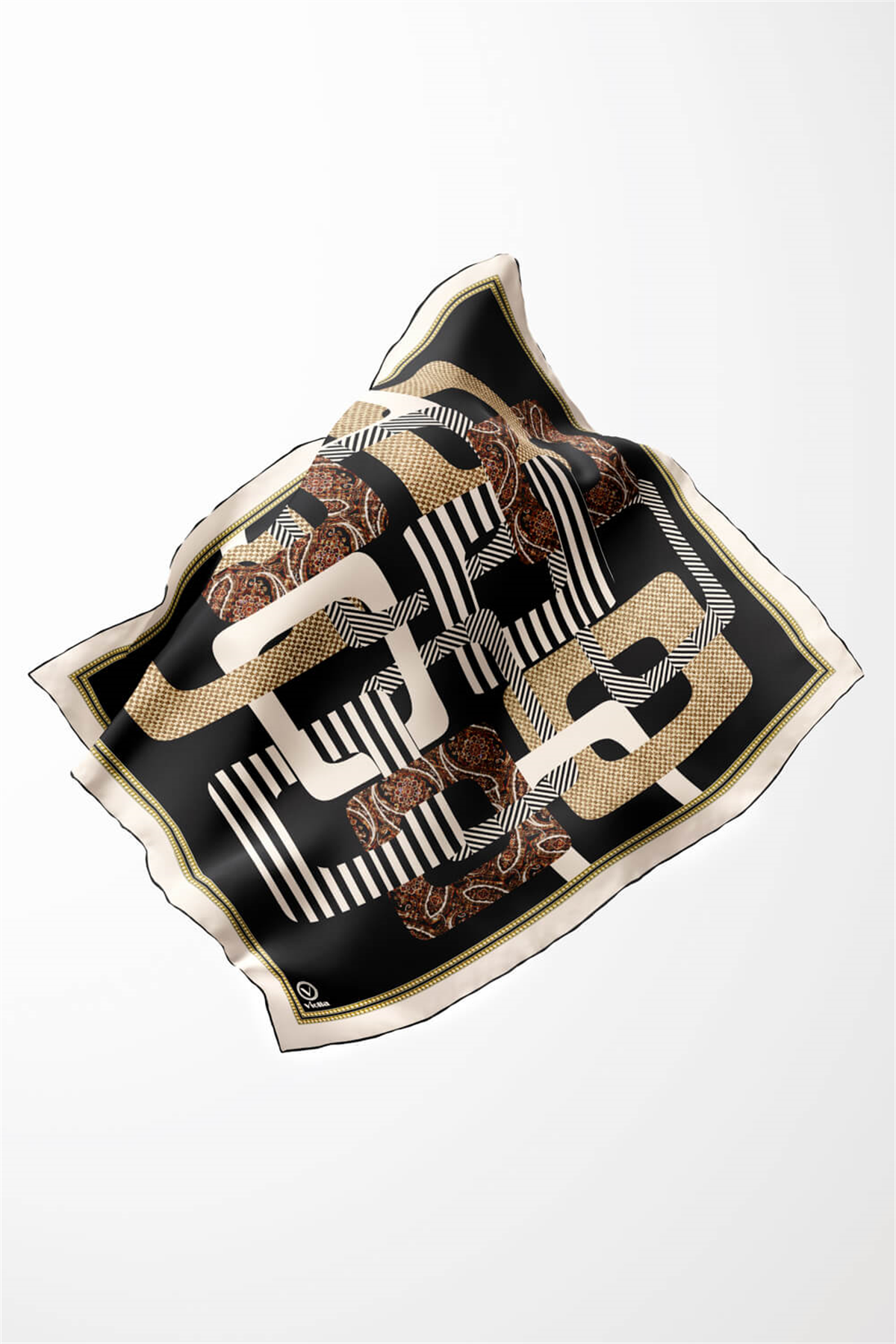 Twill Geometrik Desenli Siyah Renkli 90x90 Eşarp (İpek İçermez) Kenar Dikiş Şekli El Dikişli