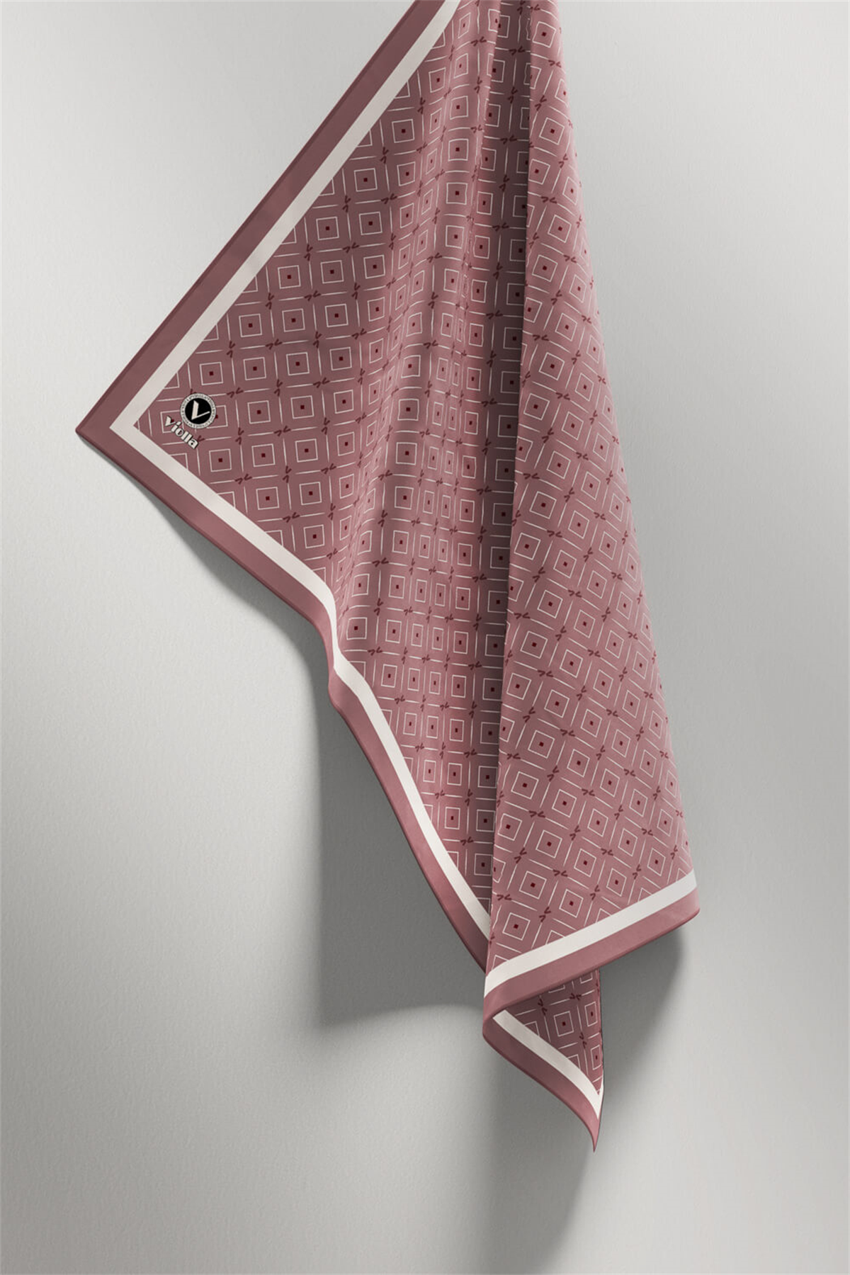 Twill Çıtır Geometrik Desenli Pudra Renkli 90x90 Eşarp (İpek İçermez) Kenar Dikiş Şekli El Dikişli