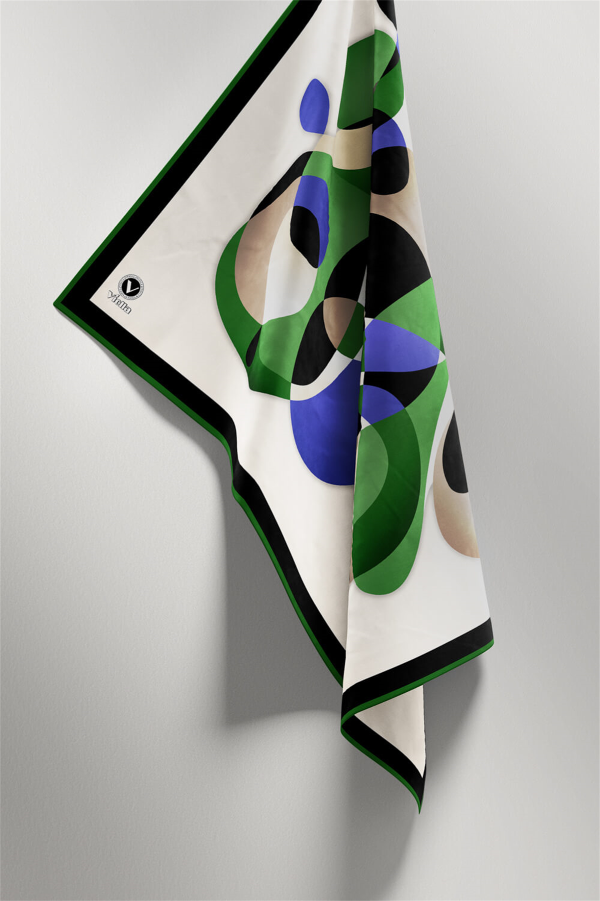Twill Geometrik Desenli Zümrüt Yeşili - Saks Renkli 90x90 Eşarp (İpek İçermez) Kenar Dikiş Şekli El Dikişli
