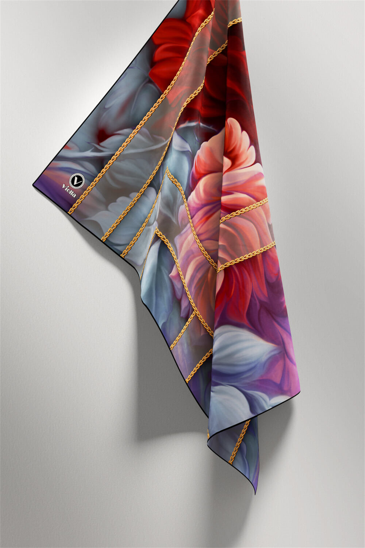 Twill Gül Desenli Kırmızı - Bebe Mavisi Renkli 90x90 Eşarp (İpek İçermez) Kenar Dikiş Şekli El Dikişli
