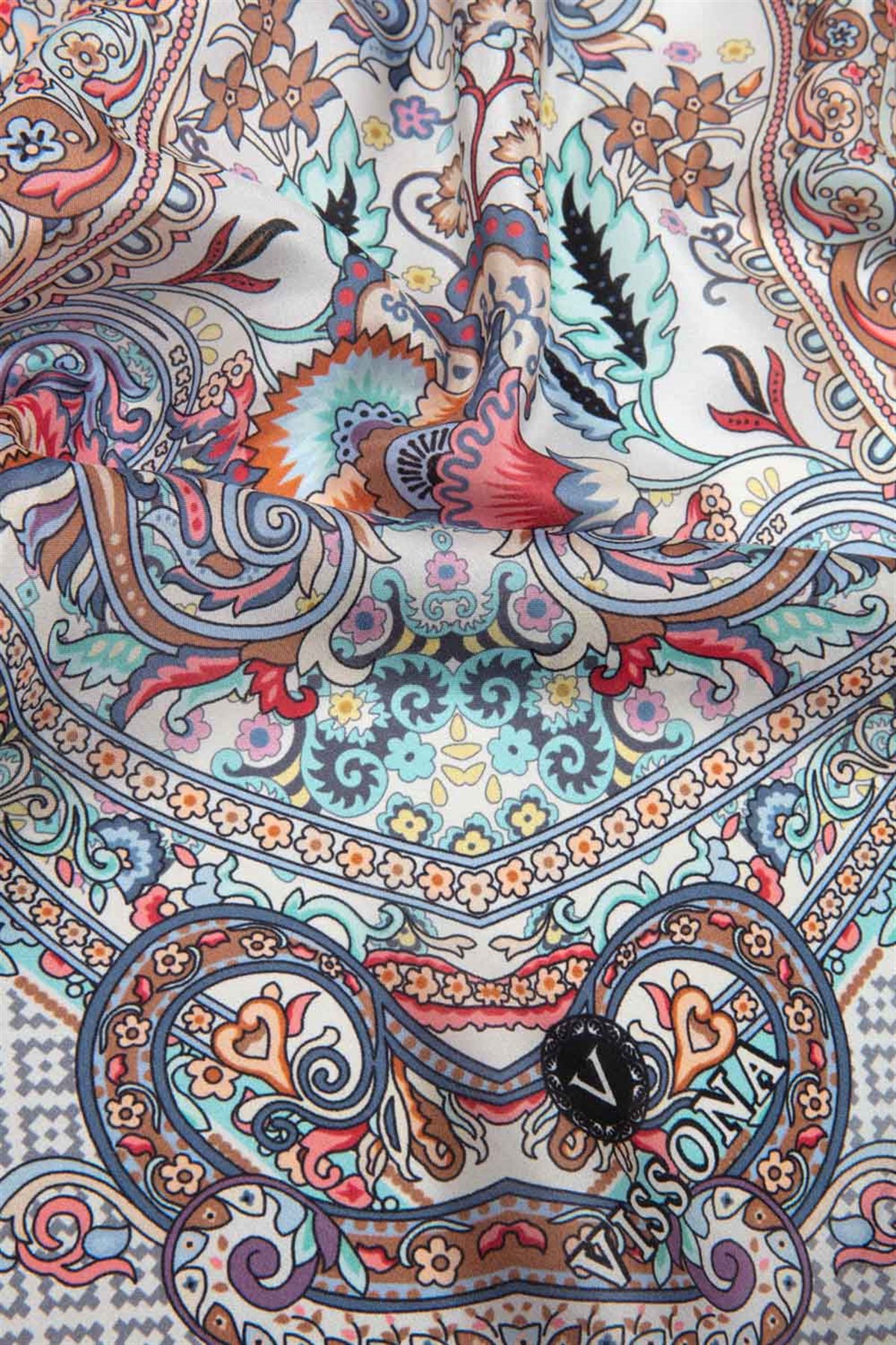 %100 İPEK ETRO DESENLİ GRİ - NAR ÇİÇEĞİ RENKLİ ŞAL