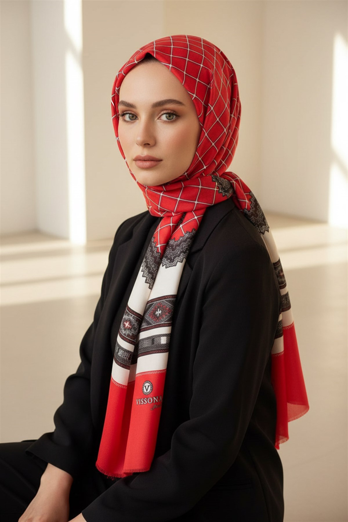 %100 Saf İpek Şal İnce Saten Vual Dokuma Etnik Desenli Kırmızı - Krem Renkli 90x210 Şal
