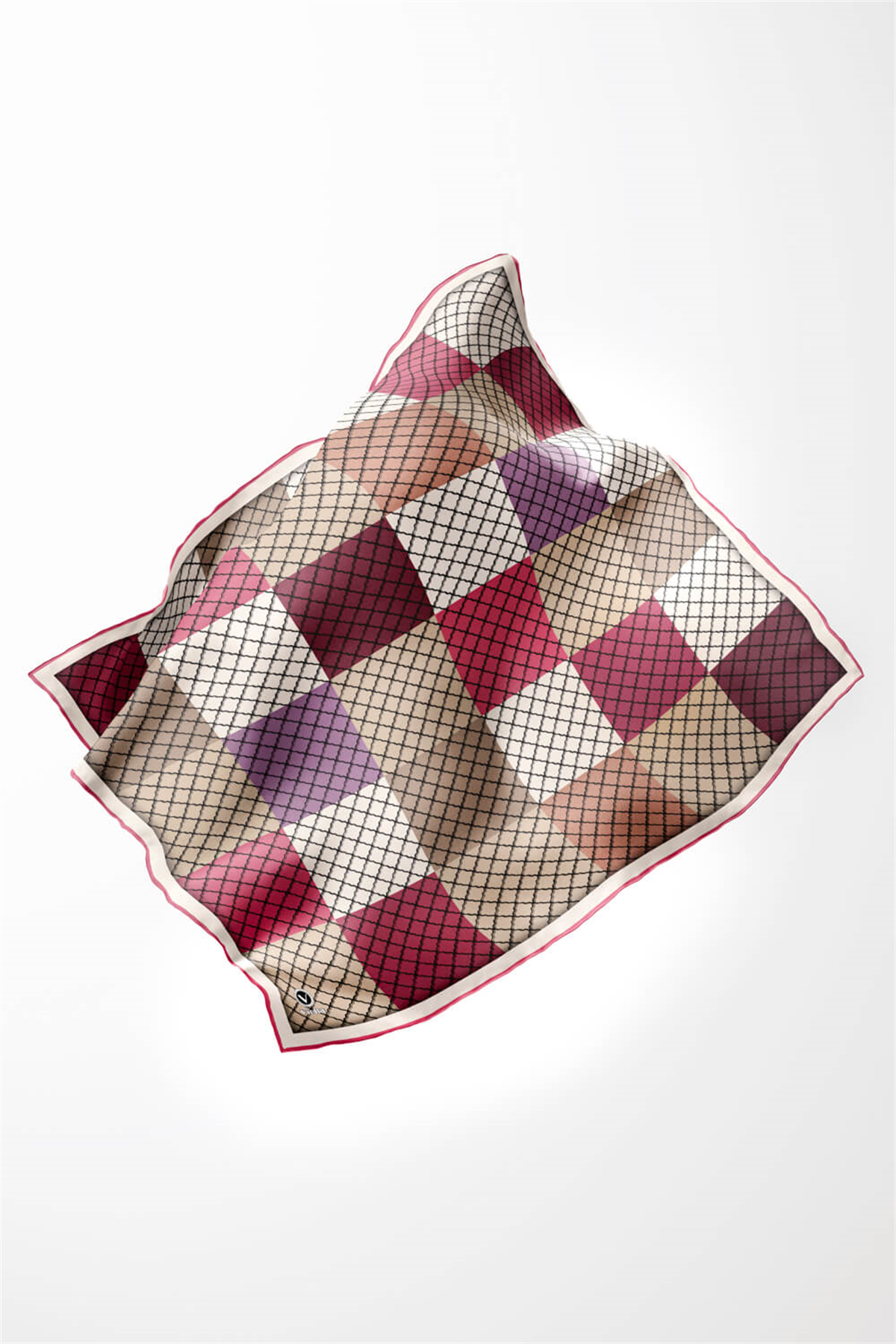 Twill Kare Desenli Pembe Renkli 90x90 Eşarp (İpek İçermez) Kenar Dikiş Şekli El Dikişli
