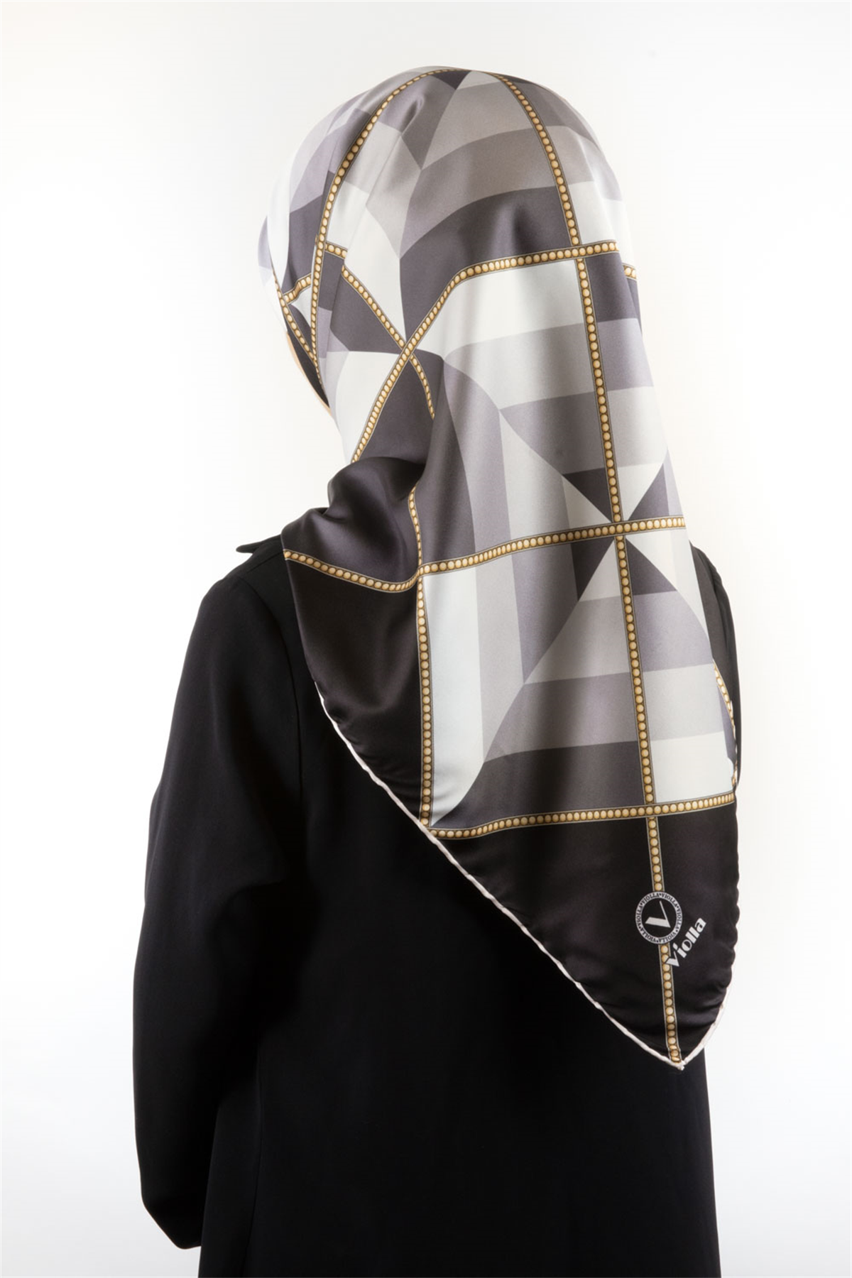 Twill Geometrik Desenli Siyah - Gri Renkli 90x90 Eşarp (İpek İçermez) Kenar Dikiş Şekli El Dikişli