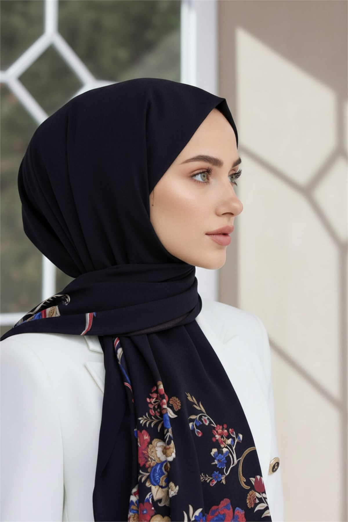KREP NAKIŞ ÇİÇEK DESENLİ SİYAH RENKLİ 75X195 KIRIŞMAZ ŞAL