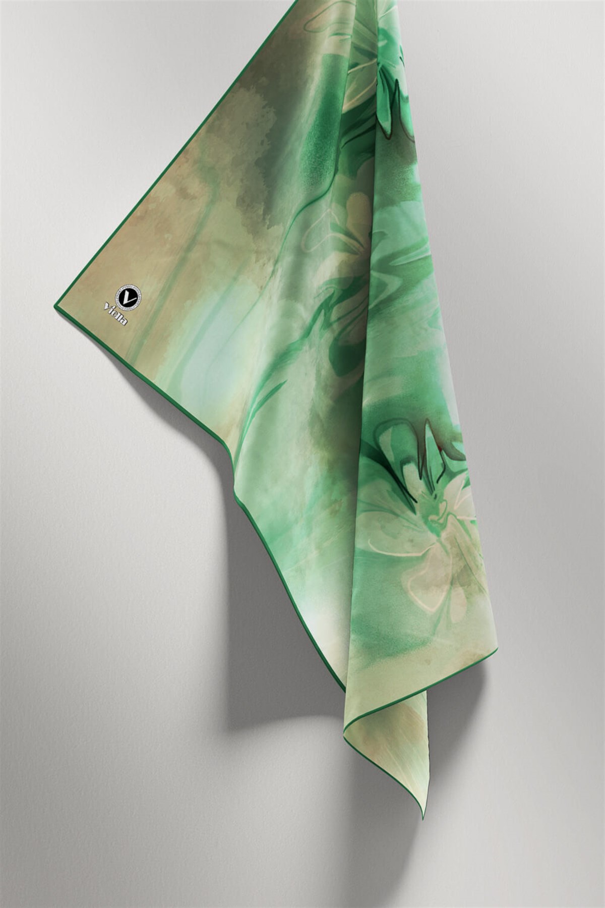Twill Batik Çiçek Desenli Mint Yeşili Renkli 90x90 Eşarp (İpek İçermez) Kenar Dikiş Şekli El Dikişli