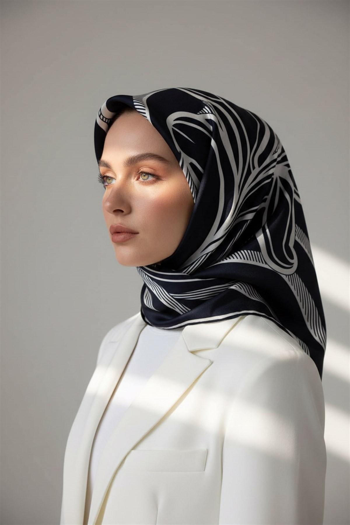 % 57 İPEK % 43 VİSKON Twill İpek Çizgili Çiçek Desenli Lacivert - Krem Renkli 90x90 Eşarp Dikim Şekli : El Dikişi