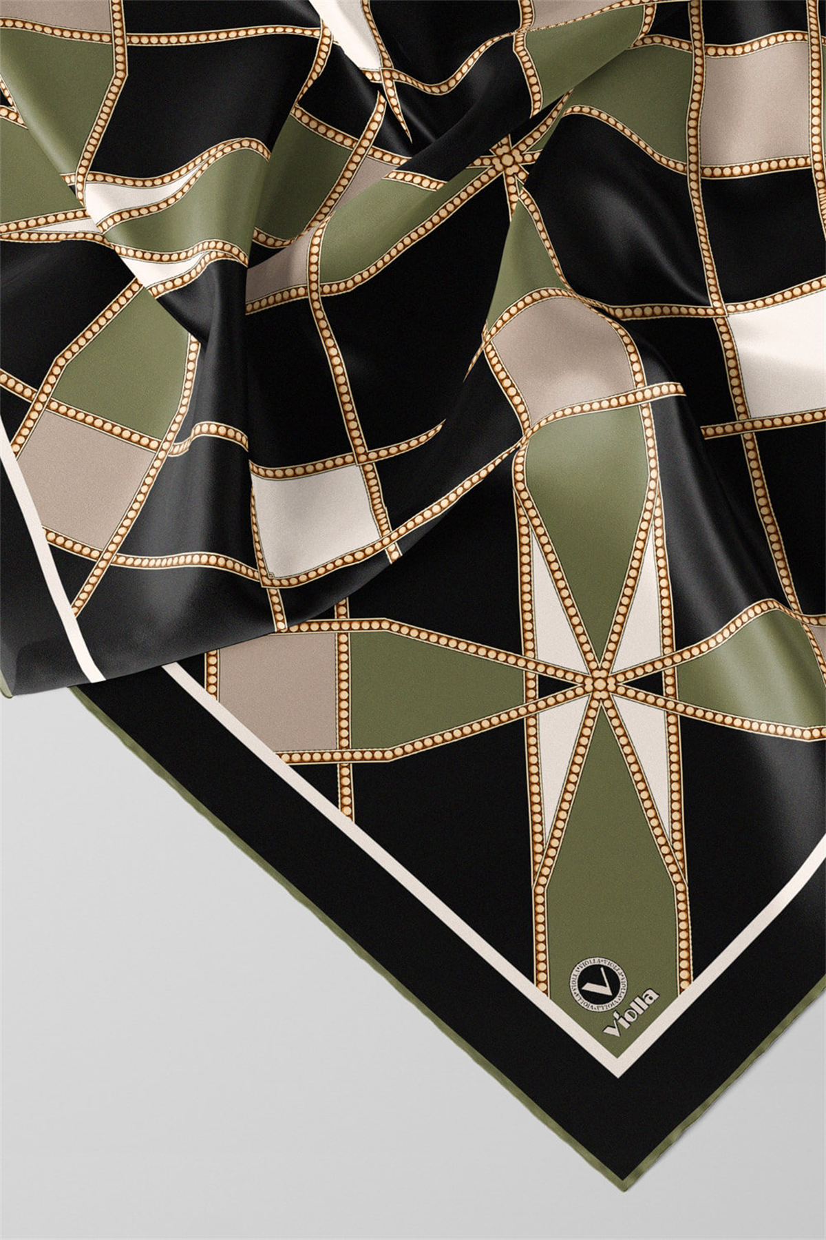 Twill Gold Detaylı Geometrik Çiçekli Desenli Haki Yeşil Renkli 90x90 Eşarp (İpek İçermez) Kenar Dikiş Şekli El Dikişli