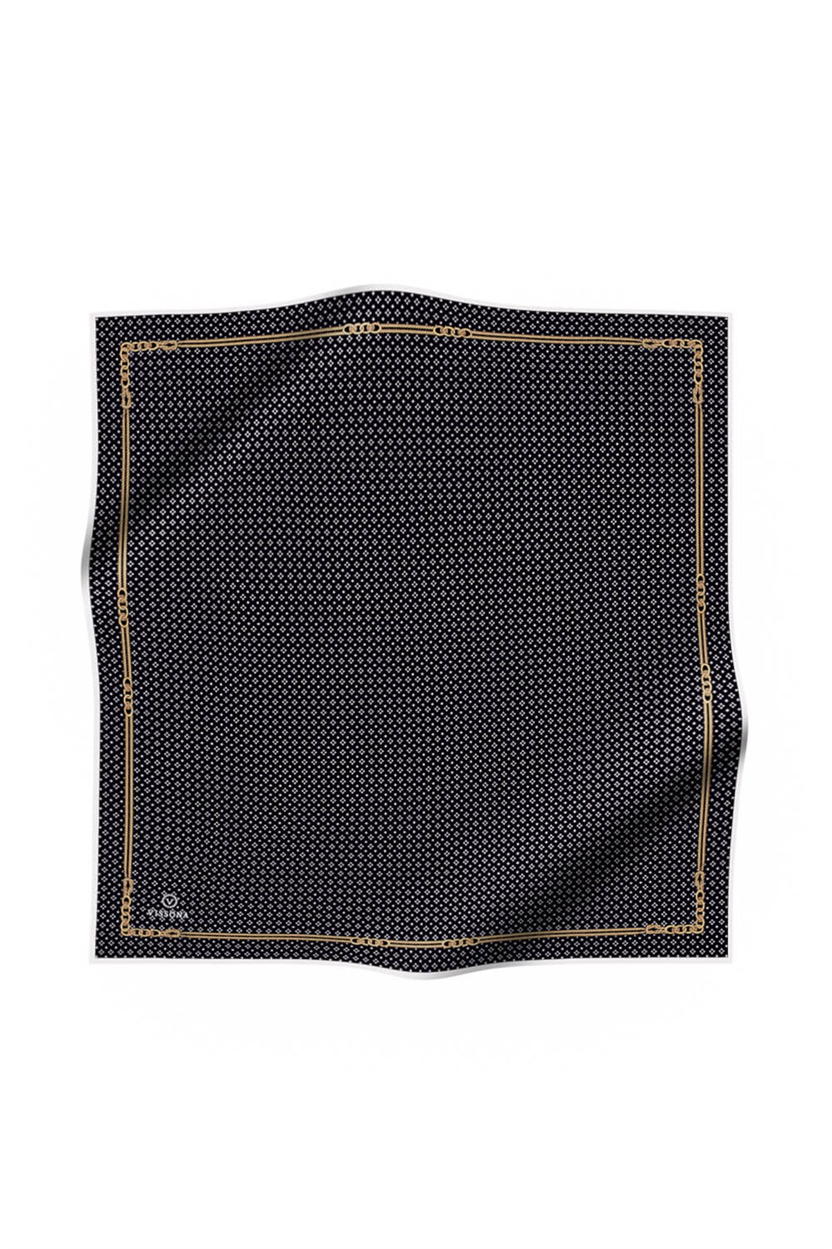 %57 İPEK %43 VİSKON Twill İpek Zincir Desenli Siyah - Krem Renkli 90x90 Eşarp Dikim Şekli : El Dikişi