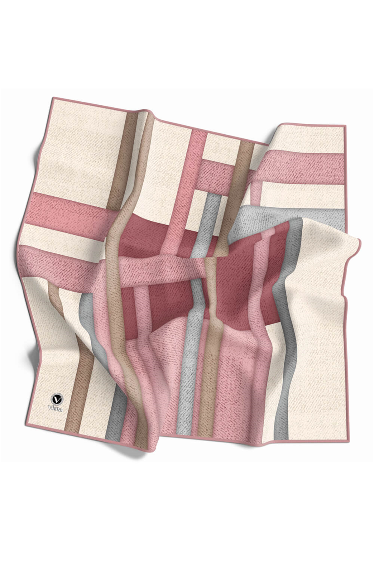 Twill Renkli Şerit Desenli Pudra Renkli 90x90 Eşarp (İpek İçermez) Kenar Dikiş Şekli El Dikişli