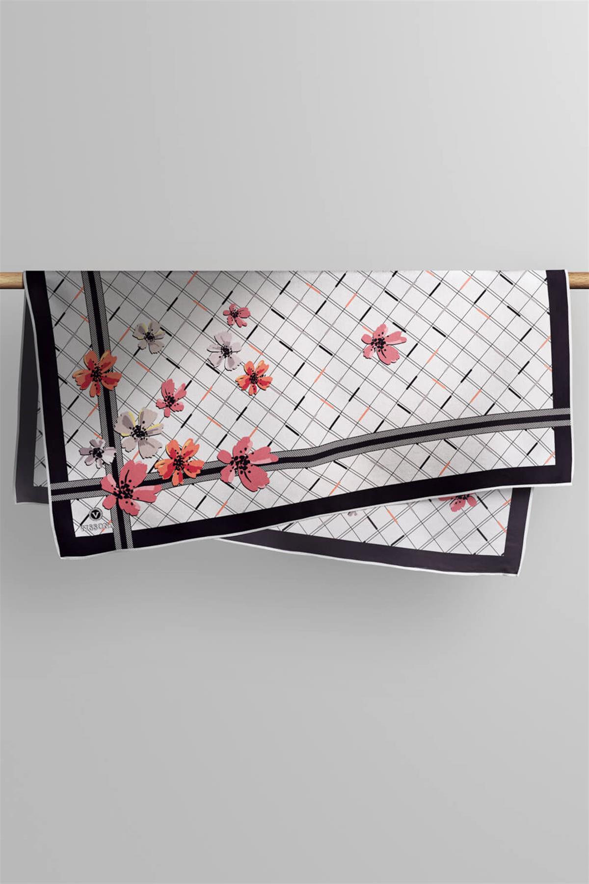 %100 Twill İpek Çıtır Çiçek Desenli Narçiçeği - Krem Renkli 90x90 Eşarp Dikim Şekli : El Dikişi