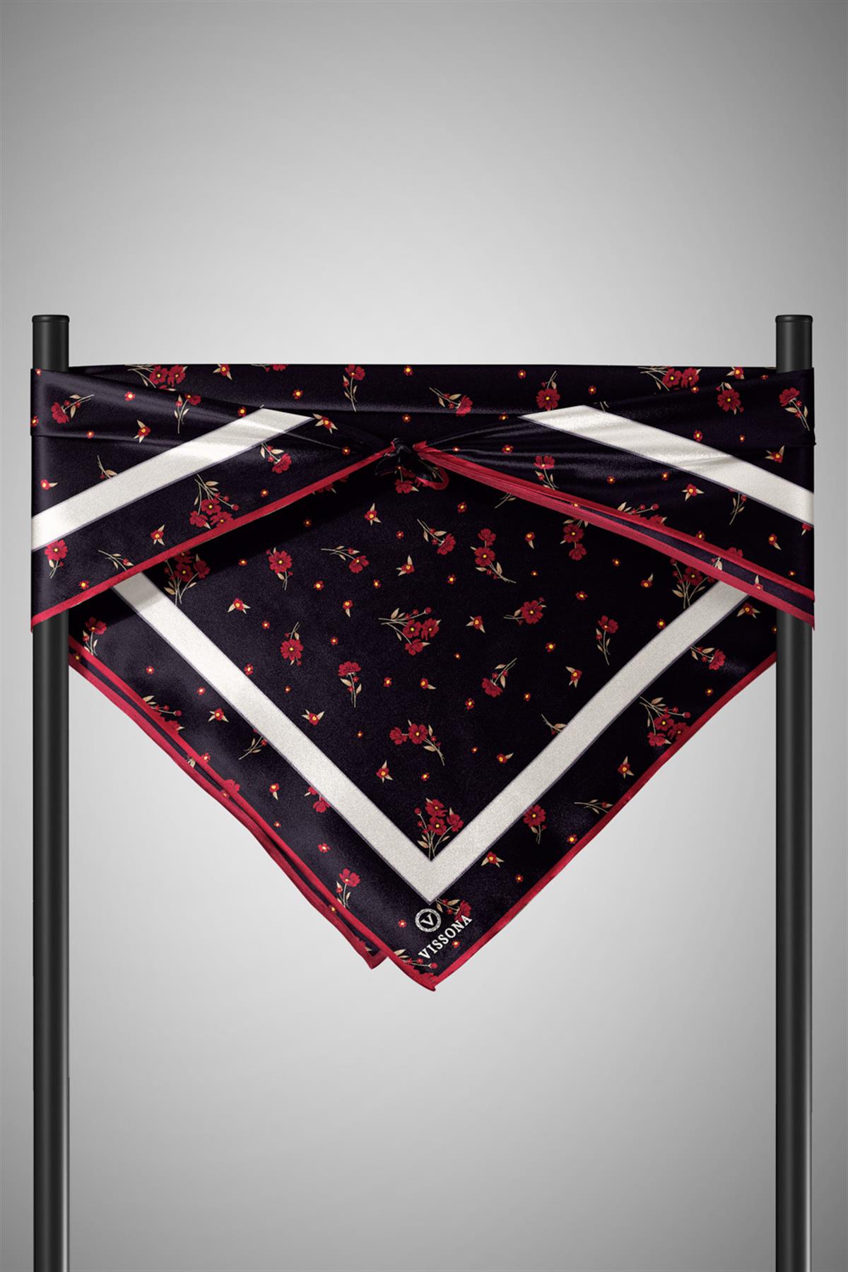 100% Twill İpek Bordürlü Çıtır Çiçek Desenli Siyah - Bordo Renkli 90x90 Dikim Şekli : El Dikişi Eşarp