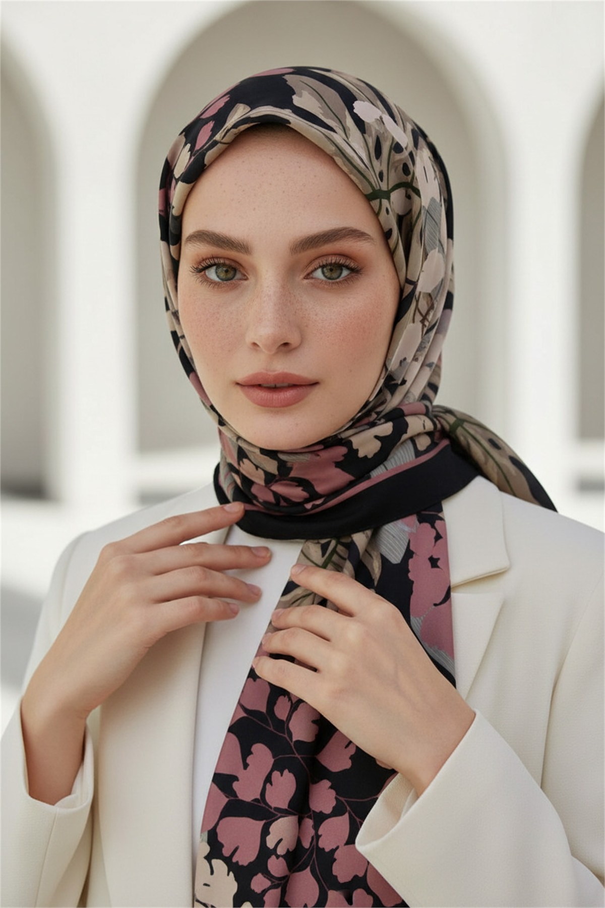 KREP YAPRAK DESENLİ GRİ - PUDRA RENKLİ 75X195 KIRIŞMAZ ŞAL