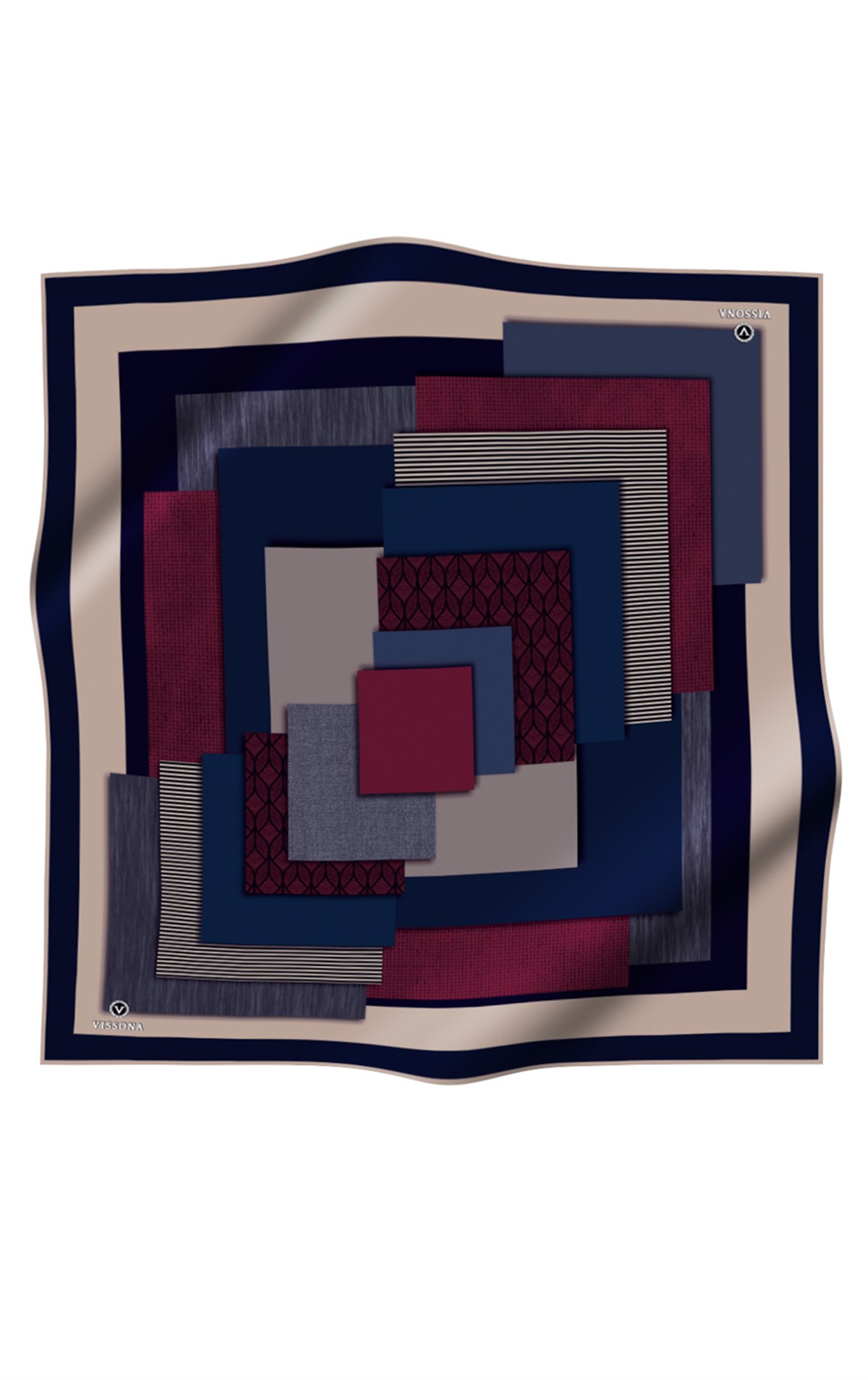 %100 Twill İpek Geometrik Desenli Bordo - Lacivert Renkli 90x90 Eşarp Dikim Şekli : El Dikişi