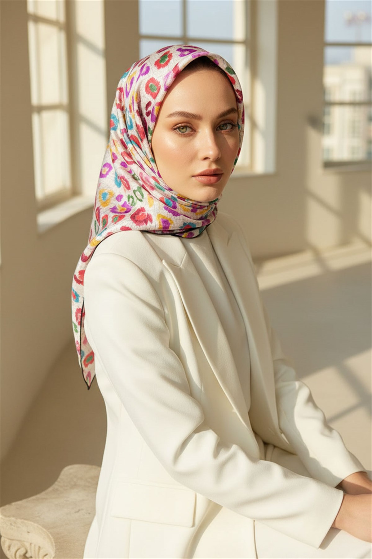 %100 Twill İpek Renkli Leopari Desenli Sarı - Pudra Renkli 90x90 Eşarp Kenar Dikiş Şekli El Dikişli