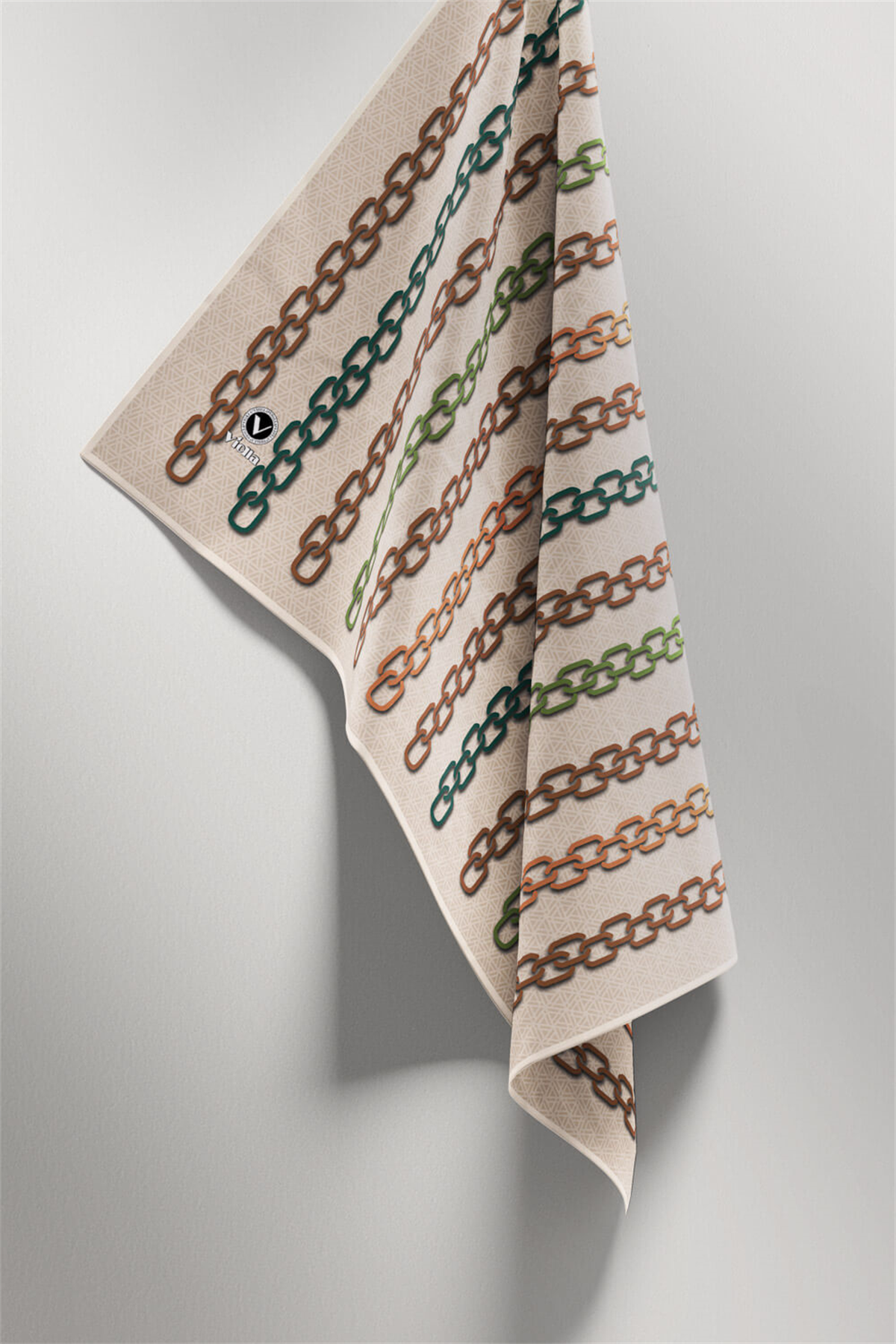 Twill Zincir Desenli Bej - Vizon Renkli 90x90 Eşarp (İpek İçermez) Kenar Dikiş Şekli El Dikişli