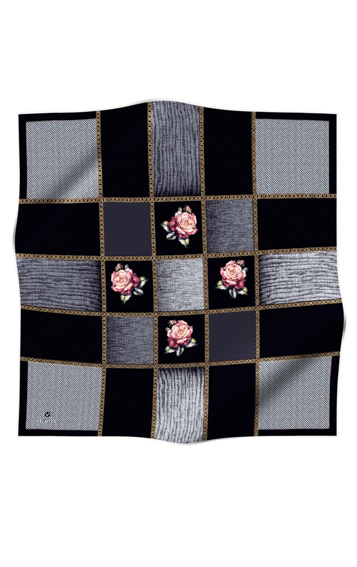%100 Twill İpek Dokulu Çiçekli Ve Geometrik Desenli Siyah - Gri Renkli 90x90 Eşarp Dikim Şekli : El Dikişi