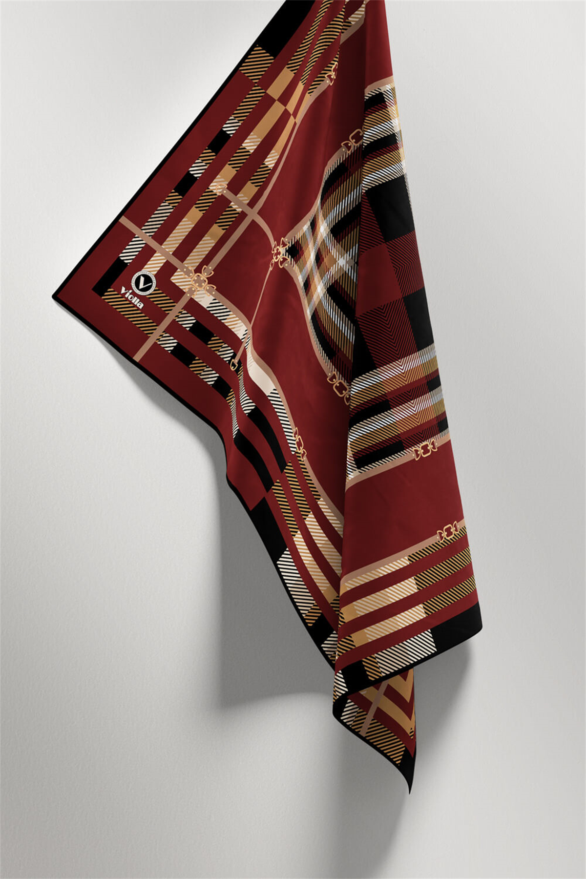 Twill Kemerli ve Ekose Desenli Bordo Renkli 90x90 Eşarp (İpek İçermez)Kenar Dikiş Şekli El Dikişli
