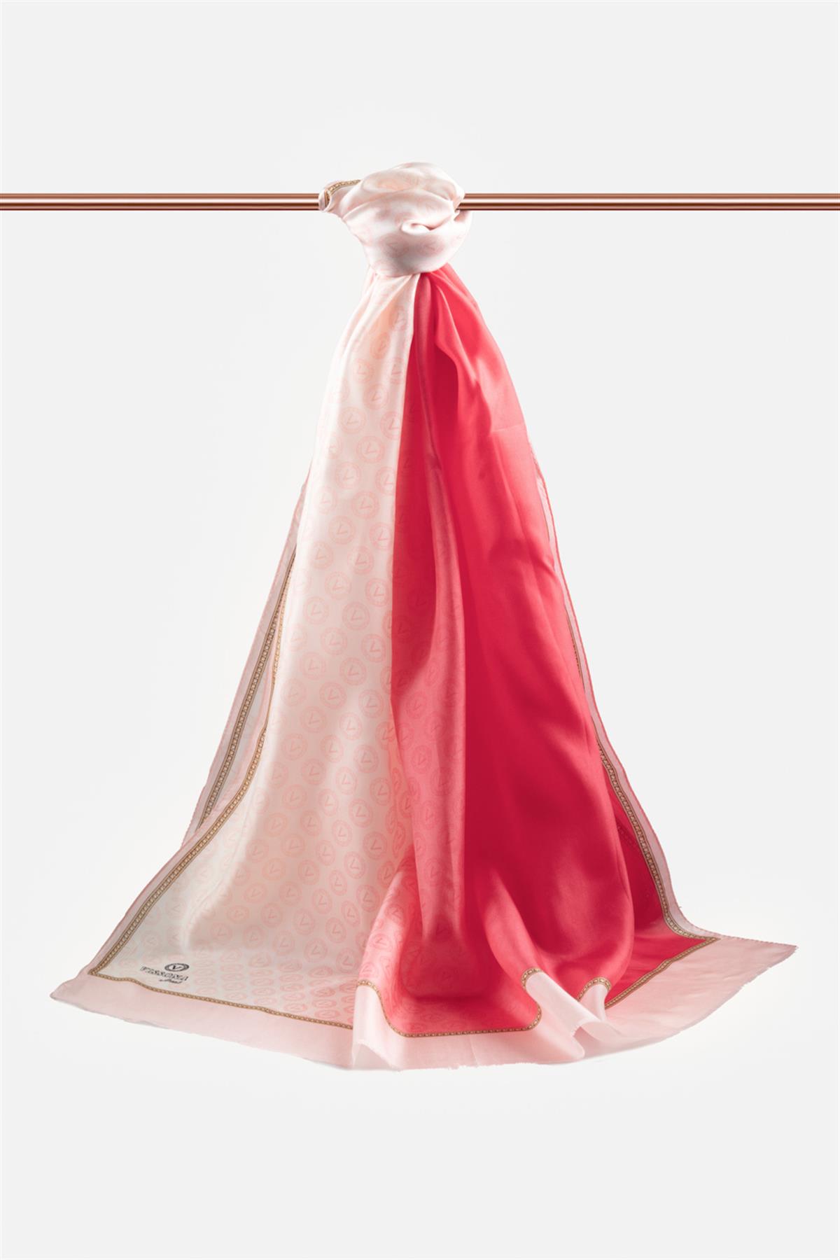 %100 İpek Degradeli Ve Monogram Desenli Pudra - Gold Renkli 92x210 Şal