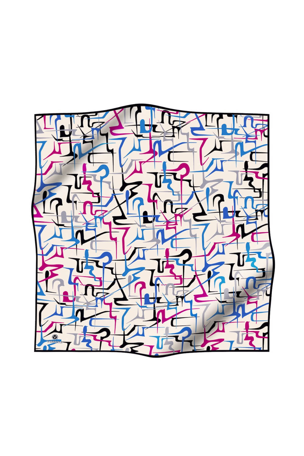 %100 Twill İpek Soyut Geometrik Desenli Fuşya - Saks Renkli 90x90 Eşarp Dikim Şekli : El Dikişi