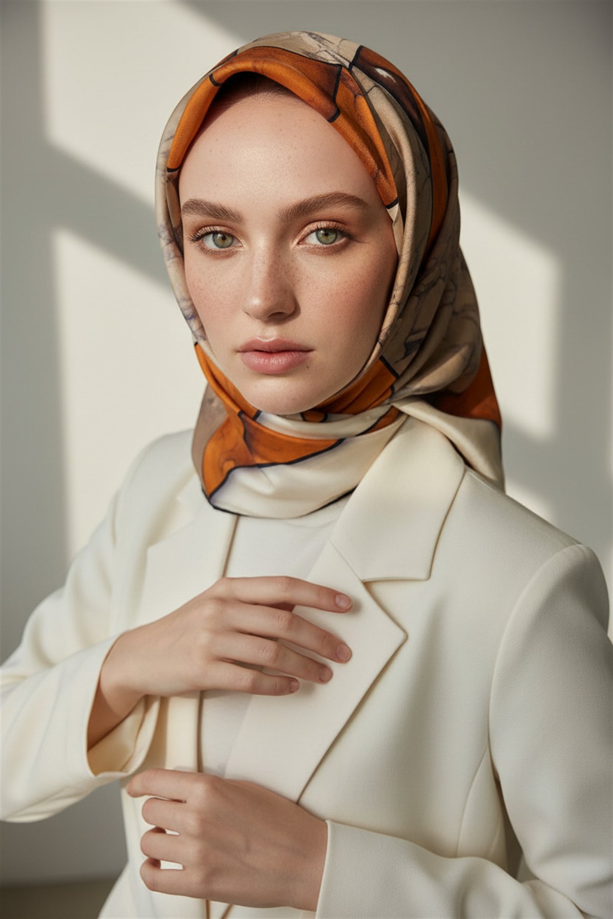 %100 Twill İpek Mermer Desenli Taba - Bej Renkli 90x90 Eşarp Dikim Şekli : El Dikişi