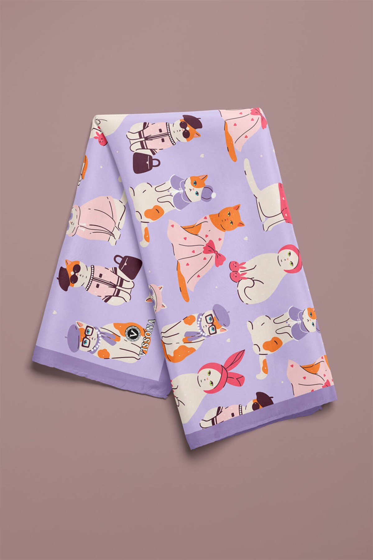 %100 İpek Süslü Kedi Desenli Kadın Bandana