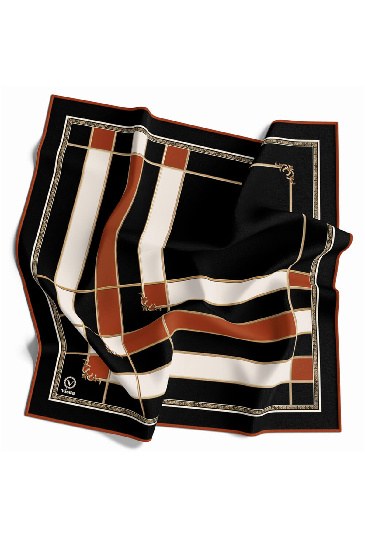 Twill Gold Detaylı Kareli Desenli Taba Renkli 90x90 Eşarp (İpek İçermez) Kenar Dikiş Şekli El Dikişli