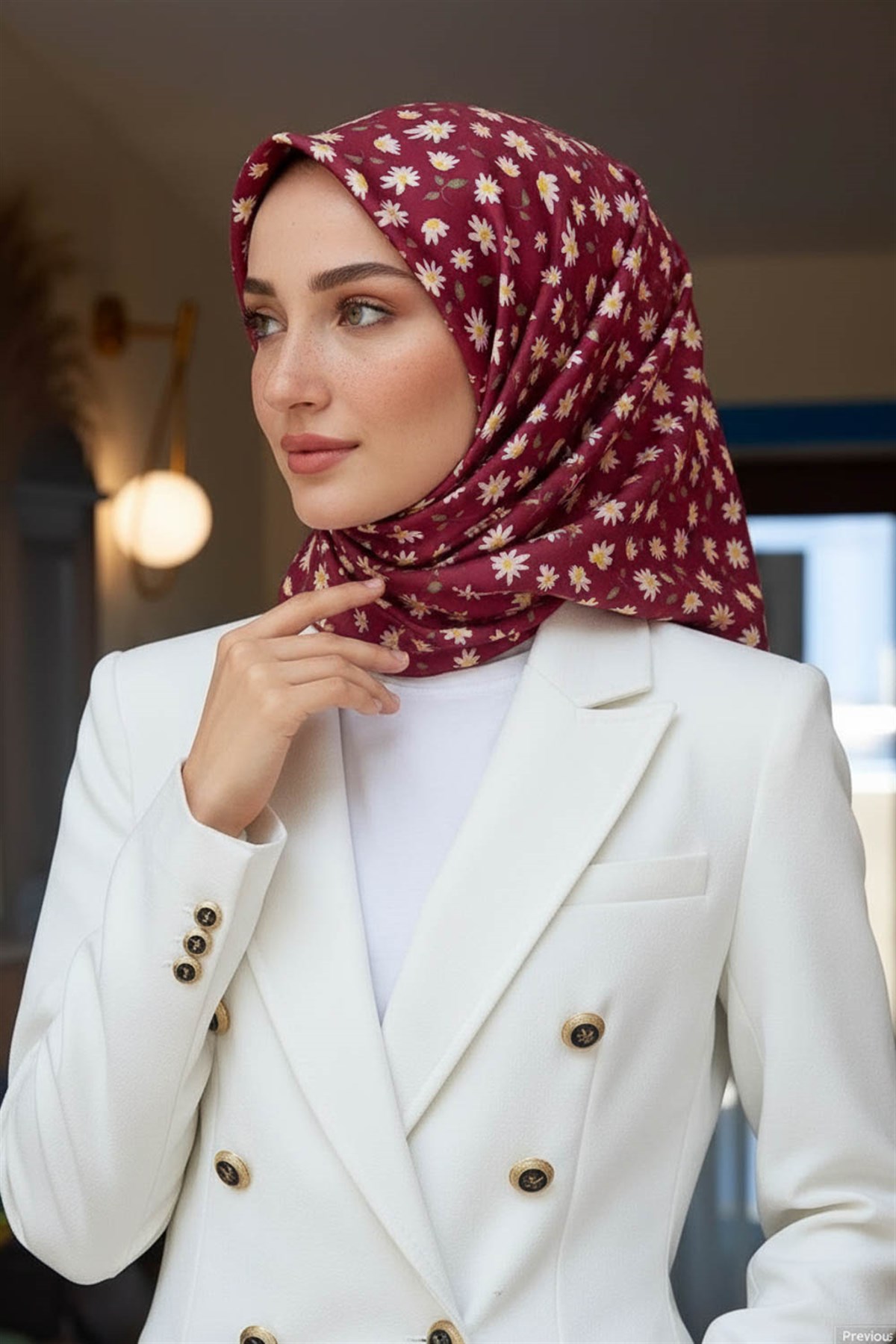 %100 Twill İpek Papatya Desenli Bordo Renkli 90x90 Eşarp Dikim Şekli : El Dikişi