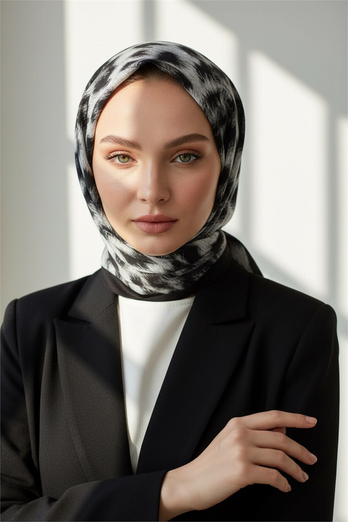 KREP LEOPAR DESENLİ SİYAH - KREM RENKLİ 75X195 KIRIŞMAZ ŞAL