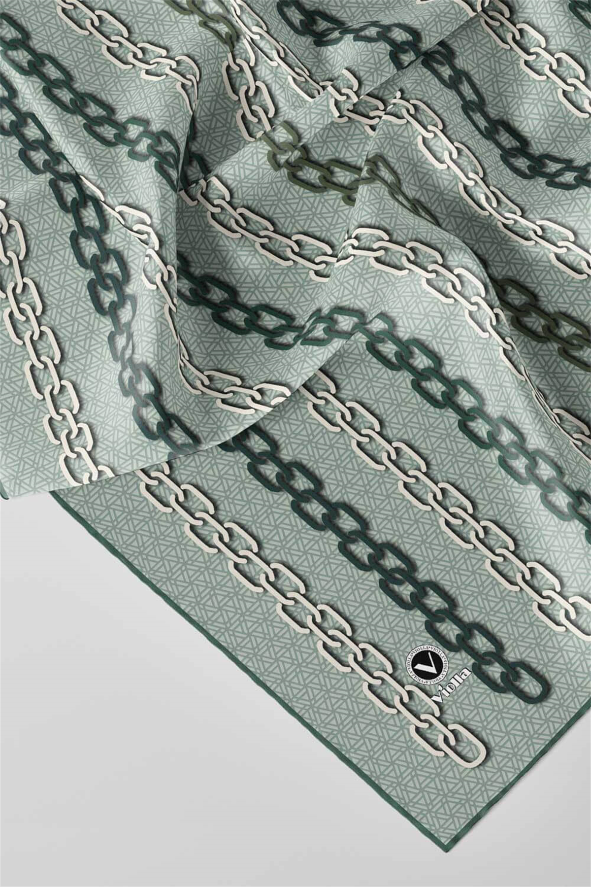Twill Zincir Desenli Koyu Mint Yeşili Renkli 90x90 Eşarp (İpek İçermez) Kenar Dikiş Şekli El Dikişli