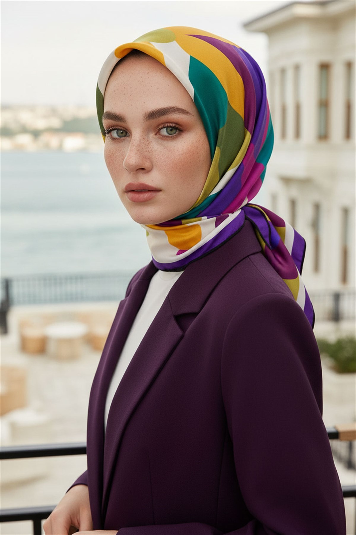 %100 Twill İpek Geometrik Desenli Mor - Petrol Yeşili Renkli 90x90 Eşarp Dikim Şekli : El Dikişi