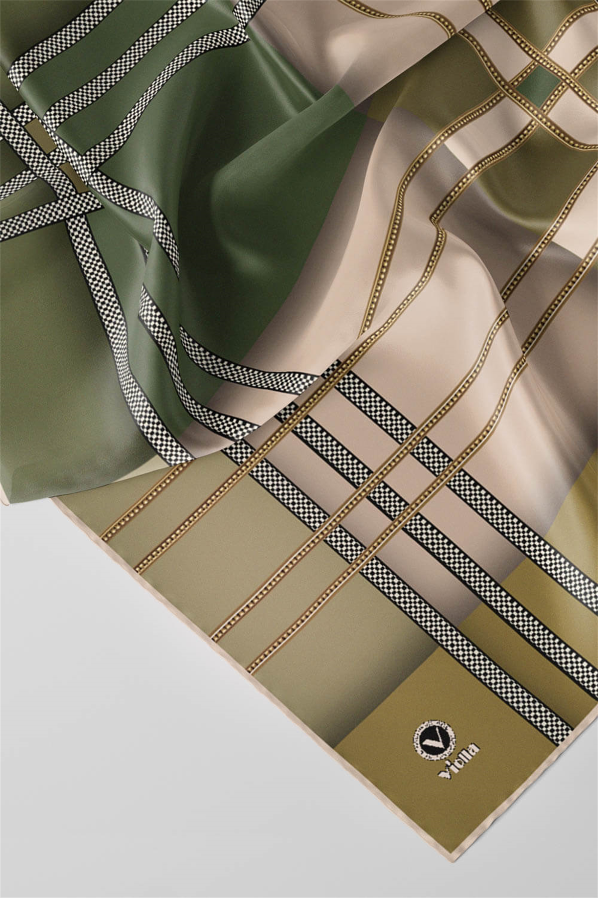 Twill Geometrik Desenli Zümrüt Yeşili - Haki Yeşili Renkli 90x90 Eşarp (İpek İçermez) Kenar Dikiş Şekli El Dikişli