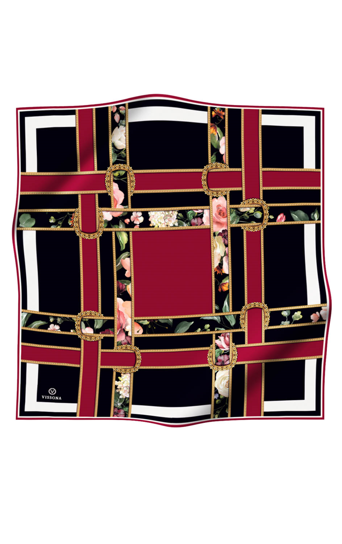 % 57 İPEK % 43 VİSKON Twill İpek Şeritleri Kemerli Ve Çiçek Desenli Bordo - Siyah Renkli 90x90 Eşarp Dikim Şekli : El Dikişi