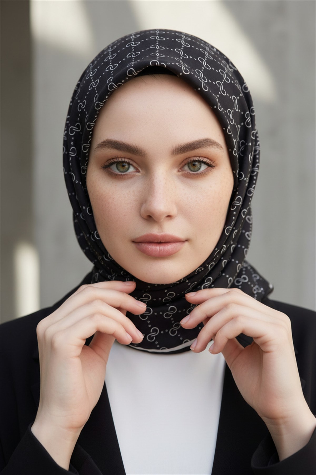 %100 Twill İpek Geometrik Desenli Siyah - Beyaz Renkli 90x90 Eşarp Dikim Şekli : El Dikişi