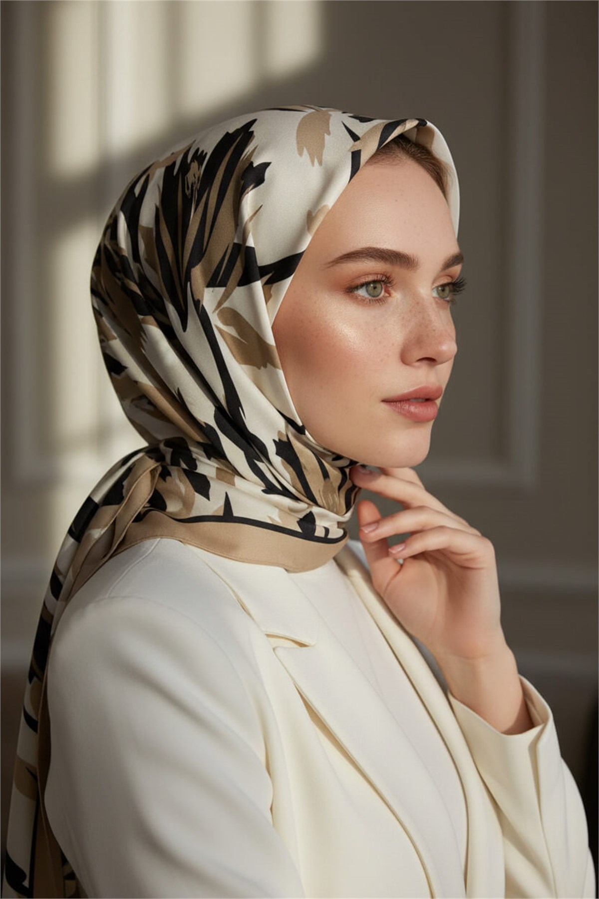 KREP YAPRAK DESENLİ BEJ RENKLİ 75X195 KIRIŞMAZ ŞAL