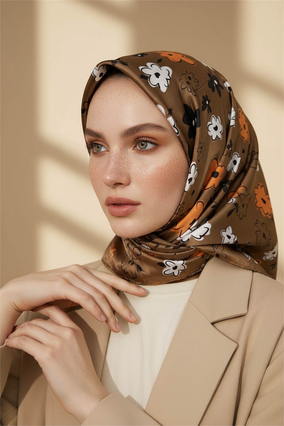 Rayon Papatya Desenli Vizon Renkli 90x90 Eşarp (İpek İçermez) Kenar Dikiş Şekli El Dikişli