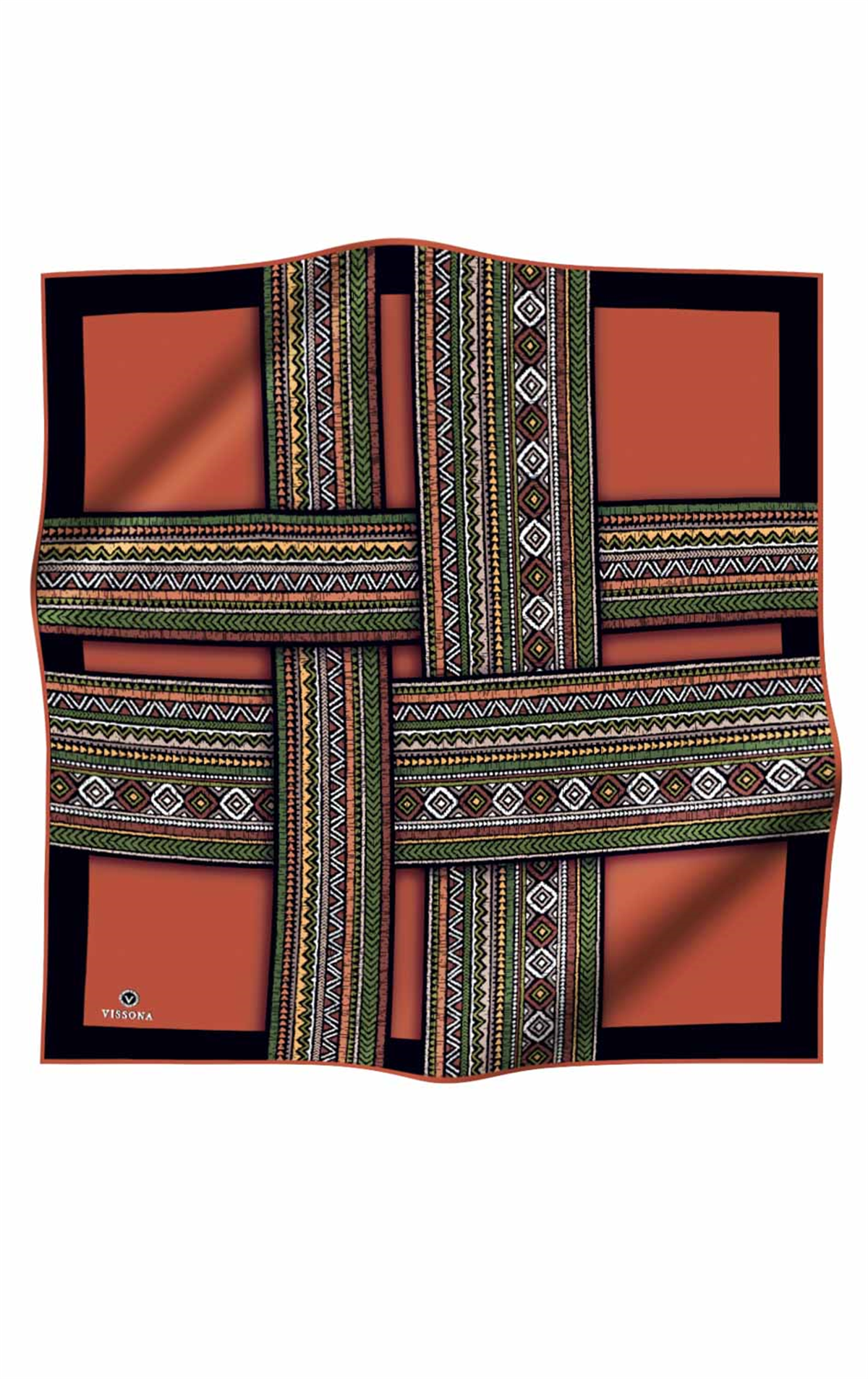 % 57 İPEK % 43 VİSKON Twill İpek Etnik Desenli Taba - Haki Renkli 90x90 Eşarp Dikim Şekli : El Dikişi