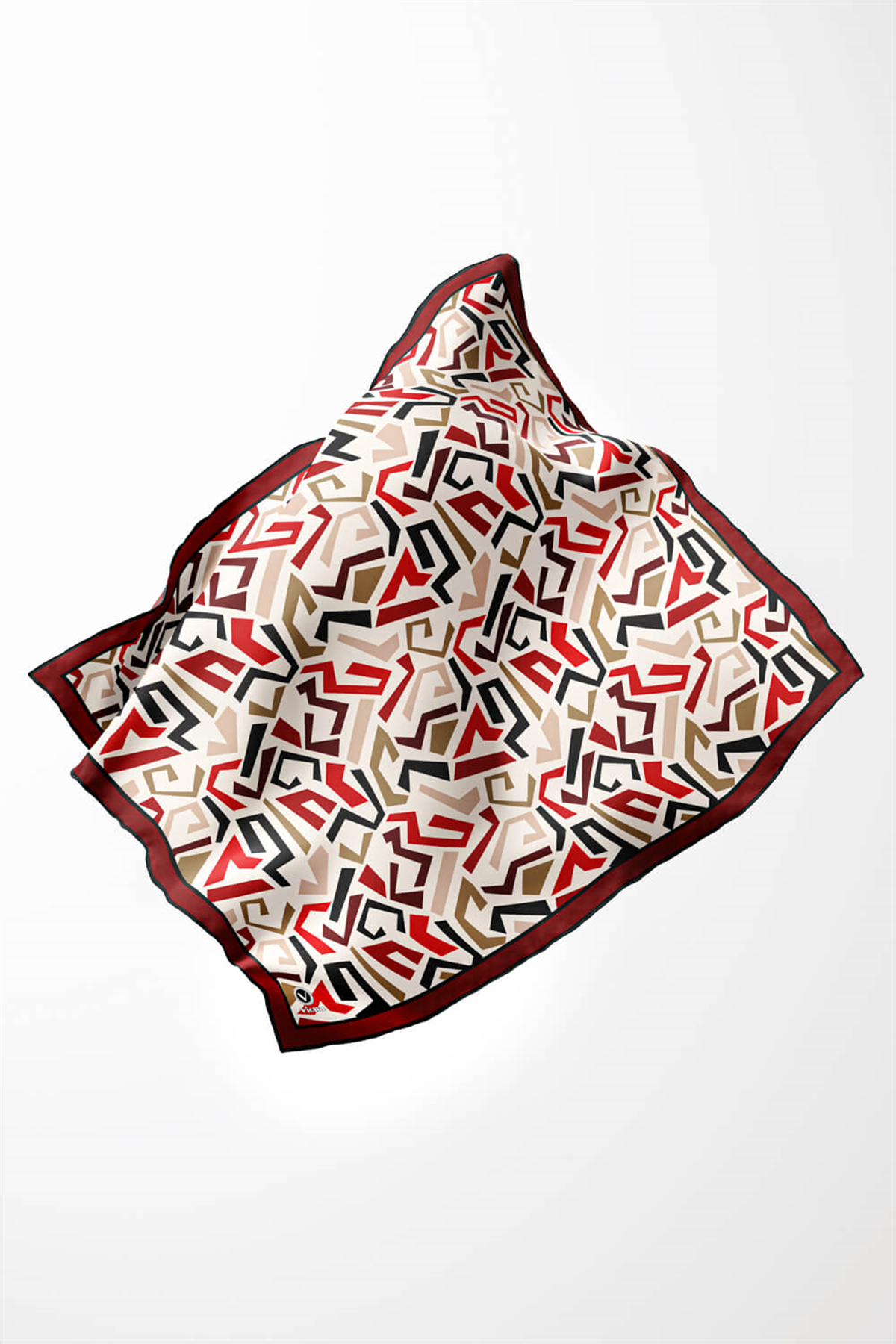 Twill Geometrik Desenli Bordo Renkli 90x90 Eşarp (İpek İçermez) Kenar Dikiş Şekli El Dikişli