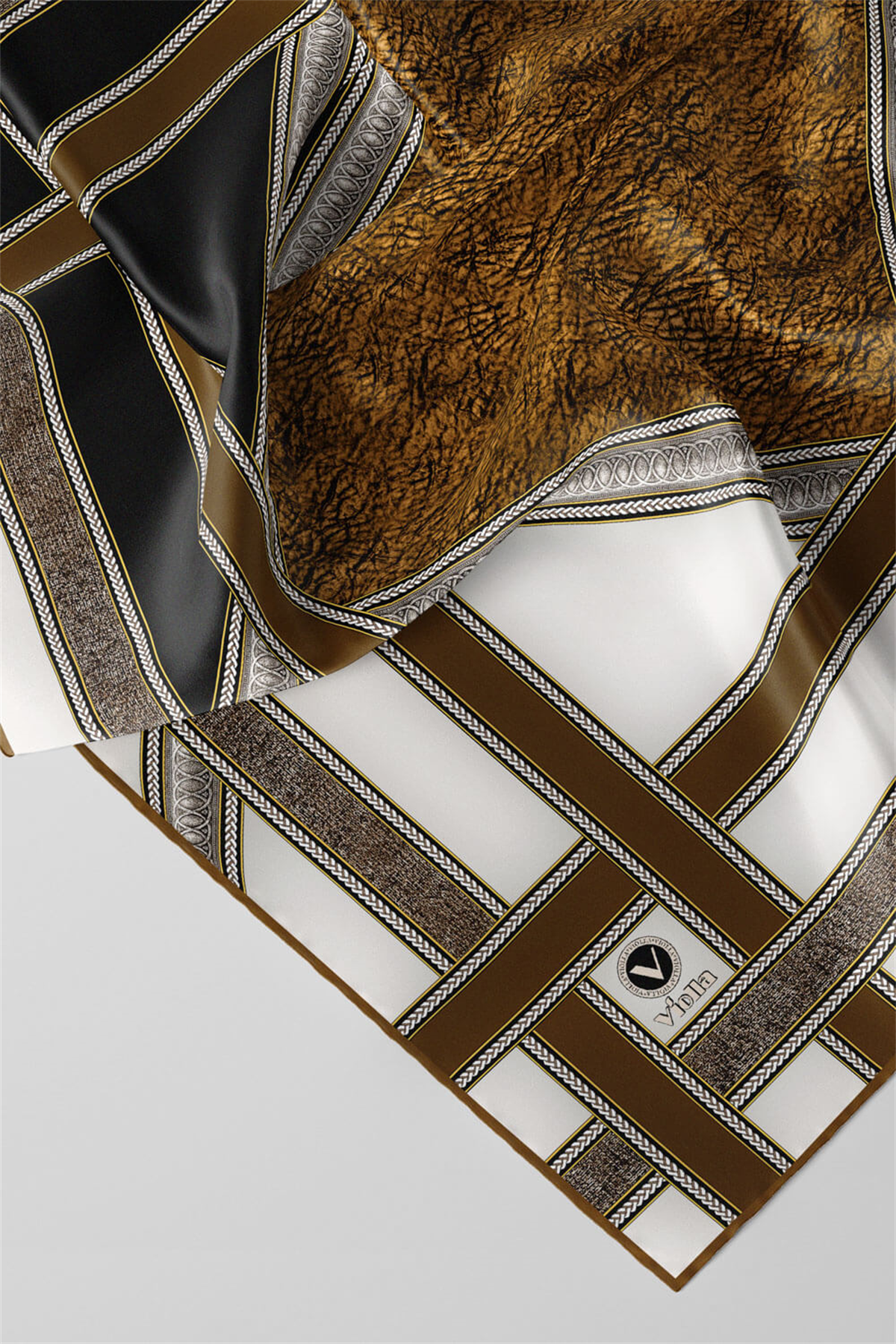 Twill Bordür Taş Desenli Hardal Renkli 90x90 Eşarp (İpek İçermez) Kenar Dikiş Şekli El Dikişli
