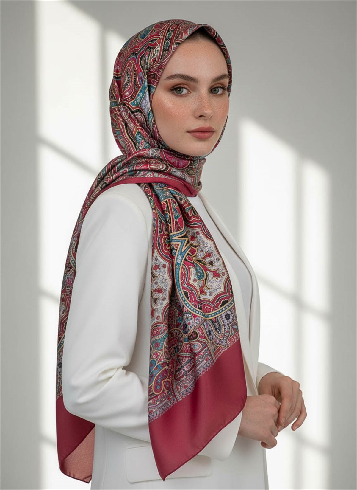 %100 Saf İpek Şal İnce Saten Vual Dokuma Etnik Desenli Bordo Renkli 90x210 Şal