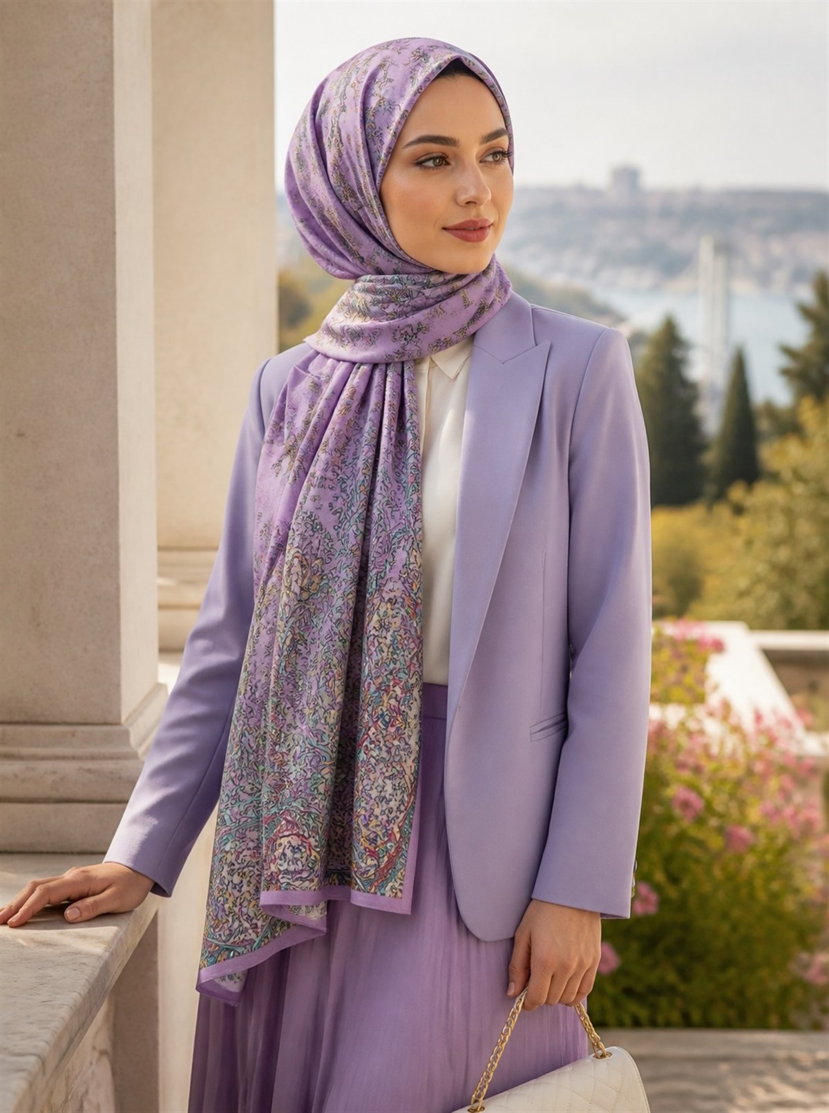 %100 Saf İpek Şal İnce Saten Vual Dokuma Etnik Desenli Pembe - Bej Renkli 90x210 Şal